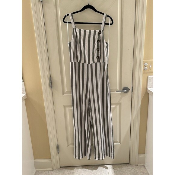 C & C CALIFORNIA Green White Striped Linen Jumpsuit with Front Buttons Medium - Picture 1 of 7